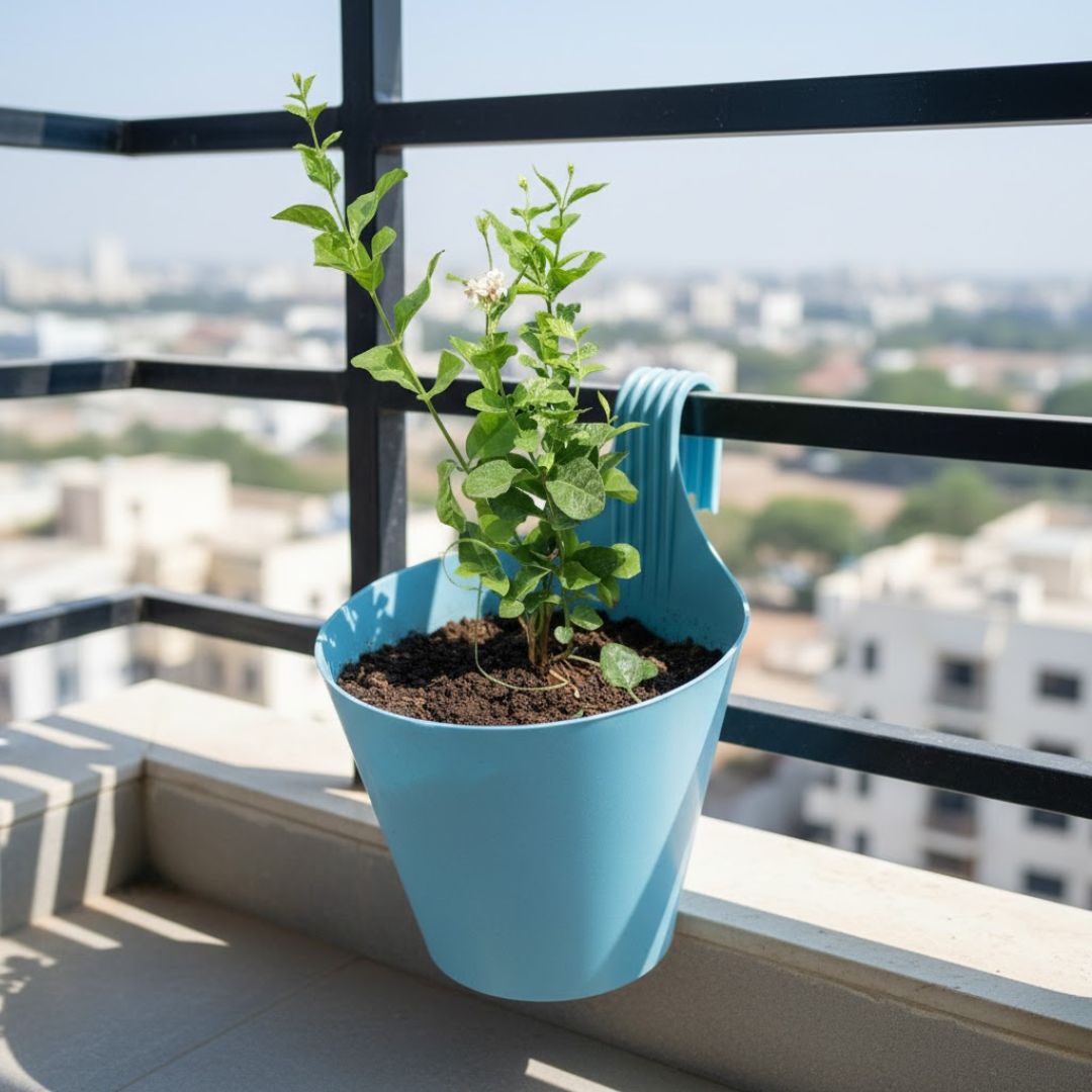 Mogra / Jasmine Pune?in 8 Inch Blue Marble Single Hook Hanging Plastic Pot