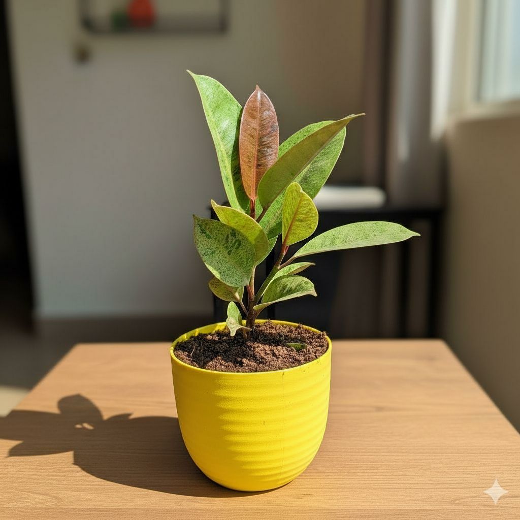 Rubber Vareigated in 4 Inch Yellow Avora Premium Plastic Planter