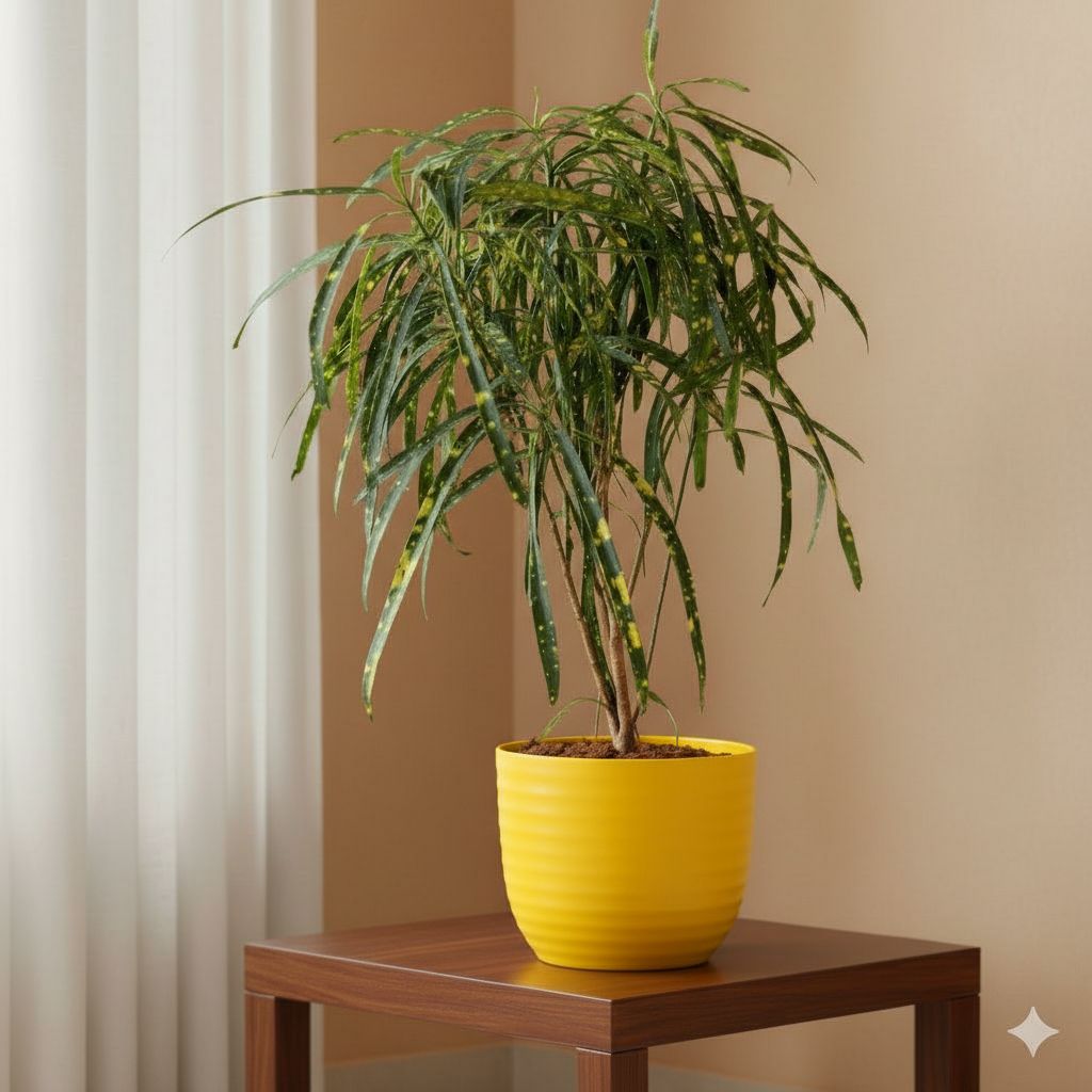 Gift Ready - Chironji Croton in 4 Inch Yellow Avora Premium Plastic Planter - with Gift Bag