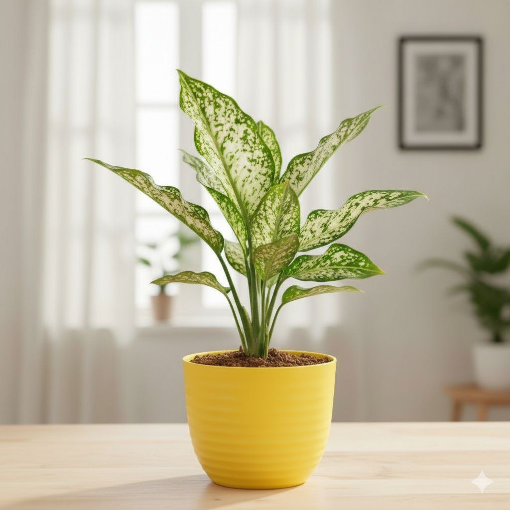 Gift Ready - Aglaonema Snow White in 4 Inch Yellow Avora Premium Plastic Planter - with Gift Bag