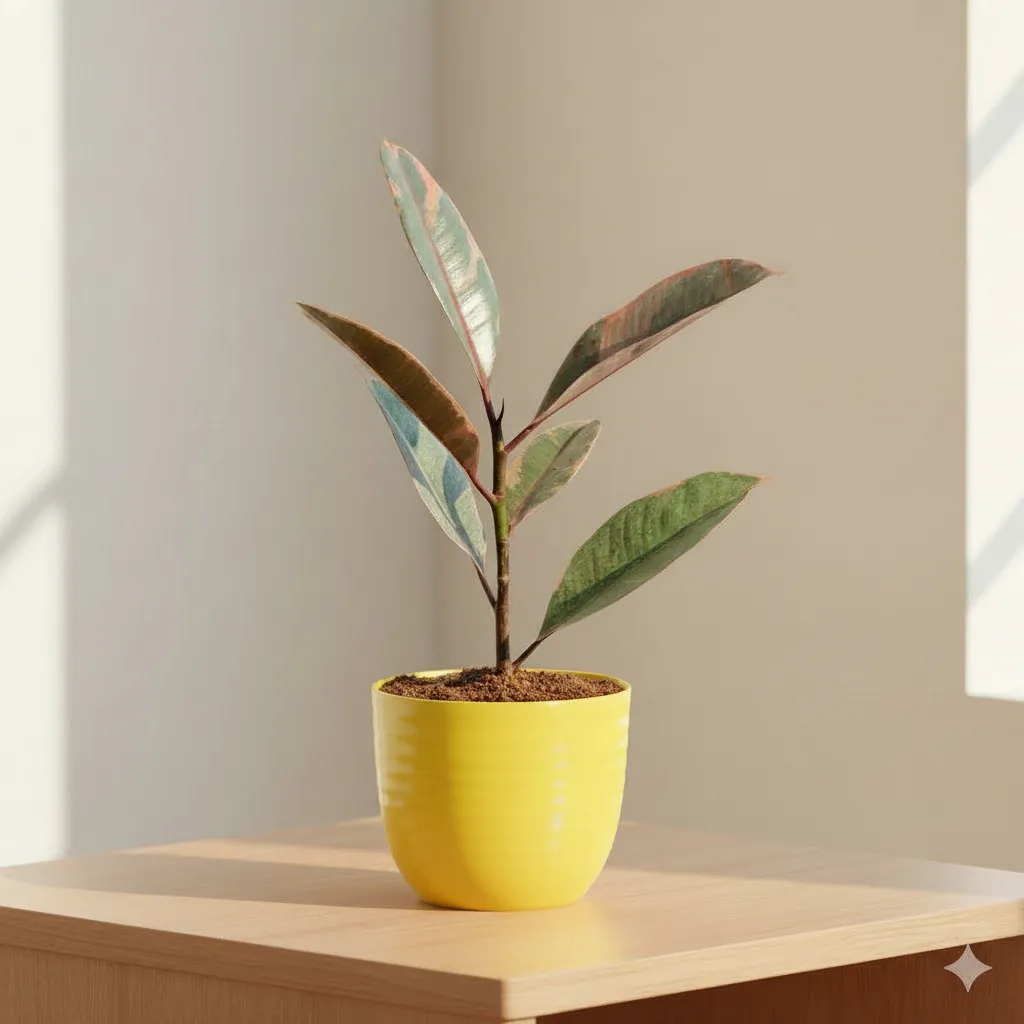 Gift Ready - Rubber Vareigated Pink in 4 Inch Yellow Avora Premium Plastic Planter - with Gift Bag