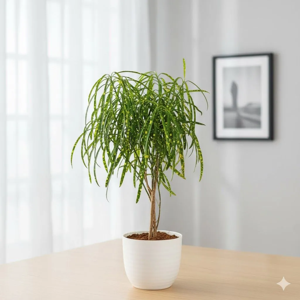 Chironji Croton in 4 Inch White Avora Premium Plastic Planter