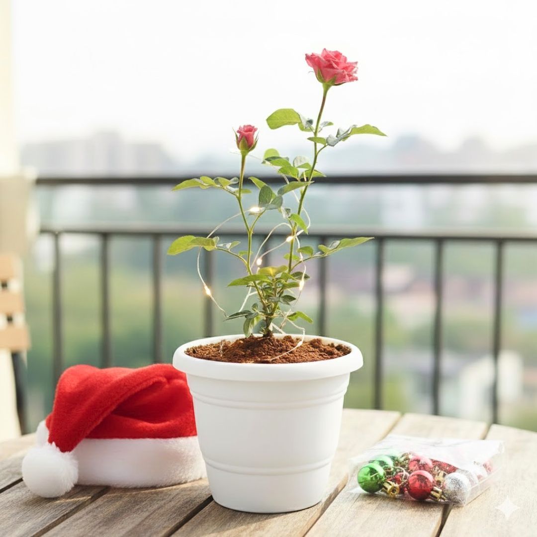 Rose / Gulab Pink in 7 Inch Classy White Plastic Pot