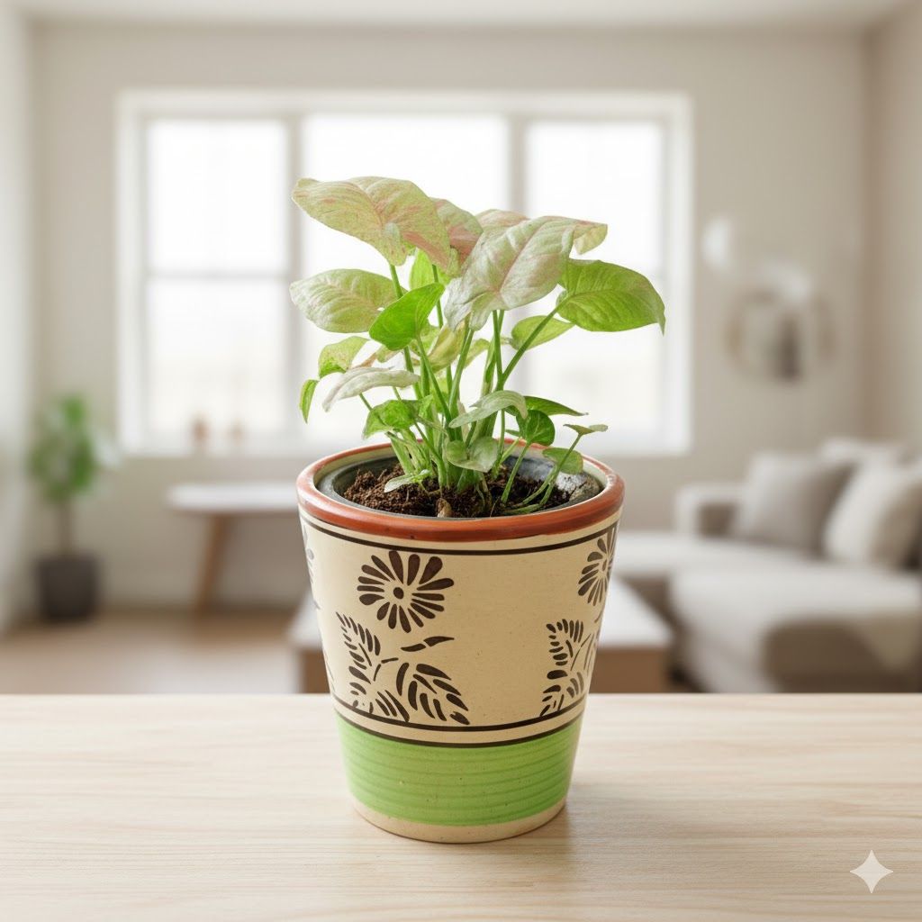 Syngonium Candlyfloss in 5 Inch Green Black Flower Designer Balti Shaped Ceramic Pot