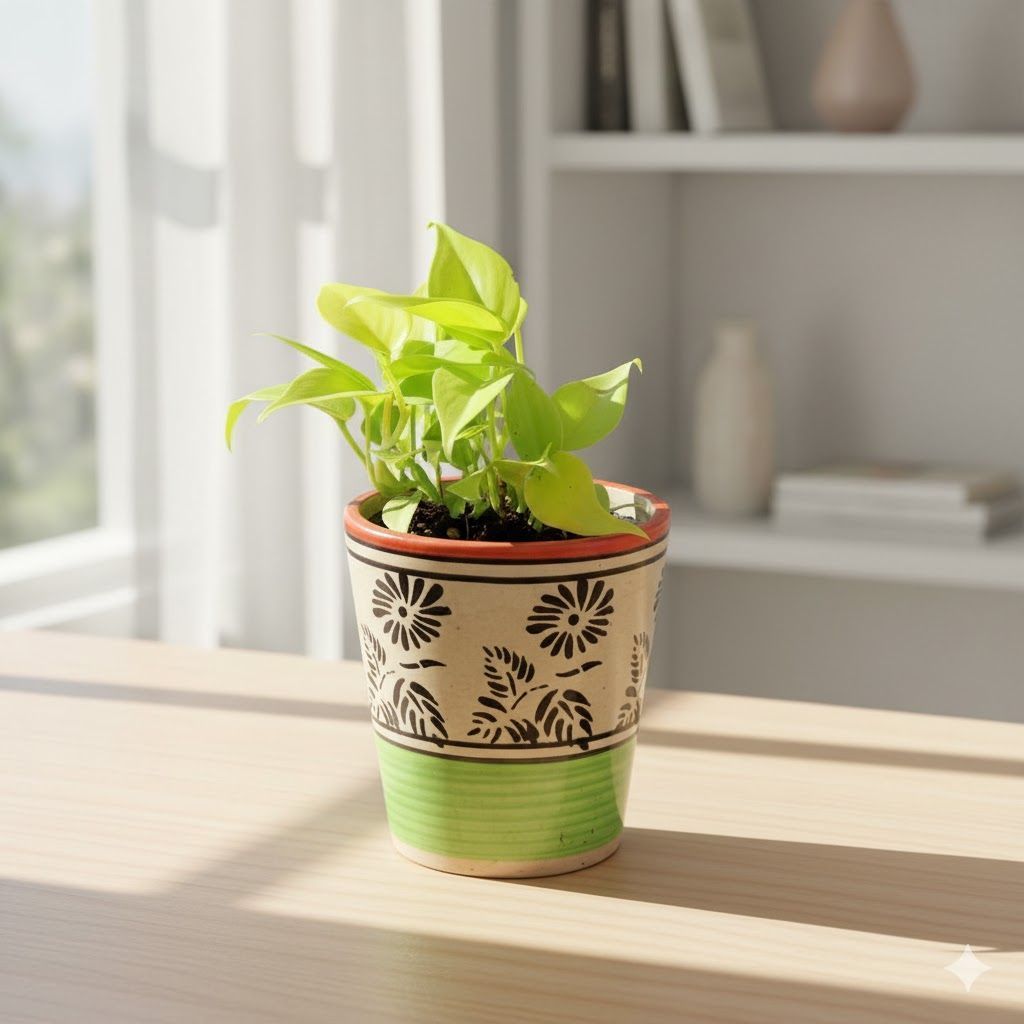 Oxycardium Golden in 5 Inch Green Black Flower Designer Balti Shaped Ceramic Pot