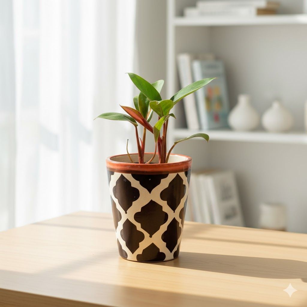 Philodendron Red in 5 Inch Black Moroccan Designer Balti Shaped Ceramic Pot
