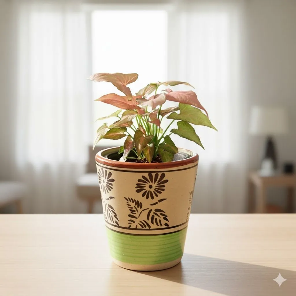 Syngonium Pink in 5 Inch Green Black Flower Designer Balti Shaped Ceramic Pot