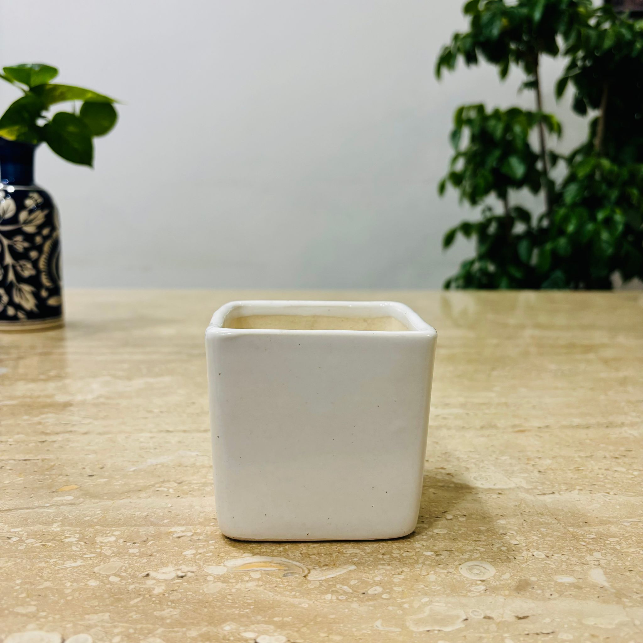 4 Inch Classy White Square Shaped Ceramic Pot - Minimalist Glossy Succulent Pot, Indoor Flower Pot for Home and Office D cor