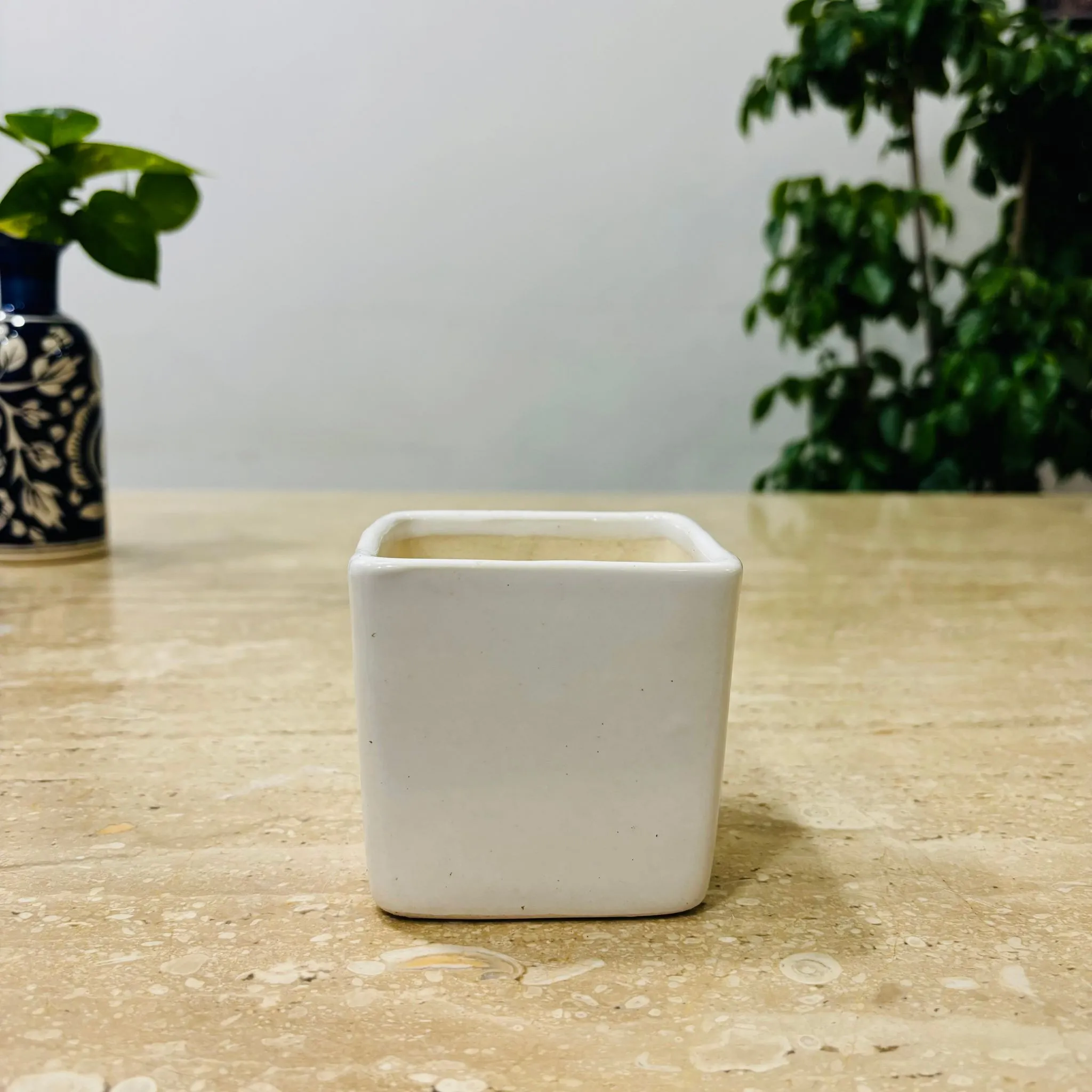 4 Inch Classy White Square Shaped Ceramic Pot - Minimalist Glossy Succulent Pot, Indoor Flower Pot for Home and Office Decor