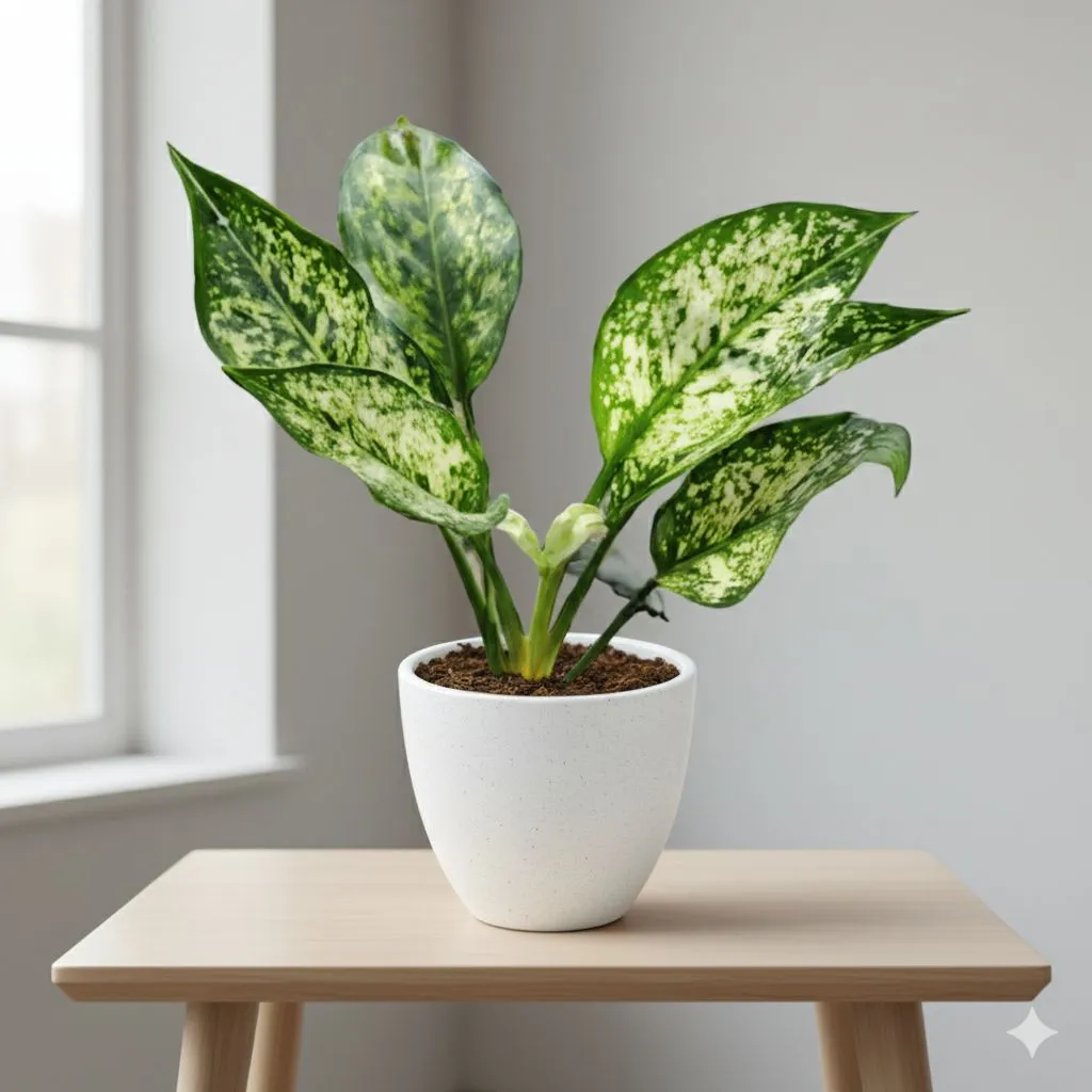 Aglaonema Snow White in 3 Inch White Cup Shape Ceramic Pot