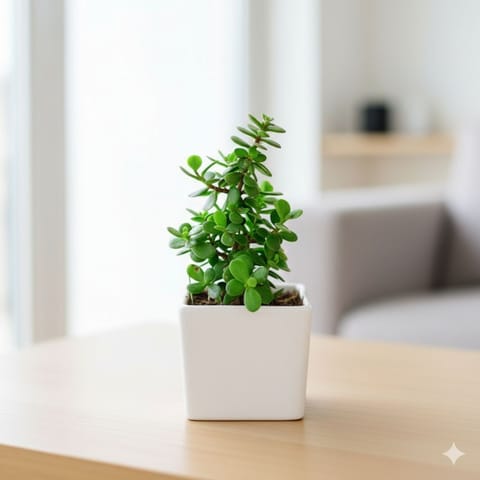 Gift Ready - Jade in 4 Inch Classy White Square Ceramic Pot - With Gifting Bag