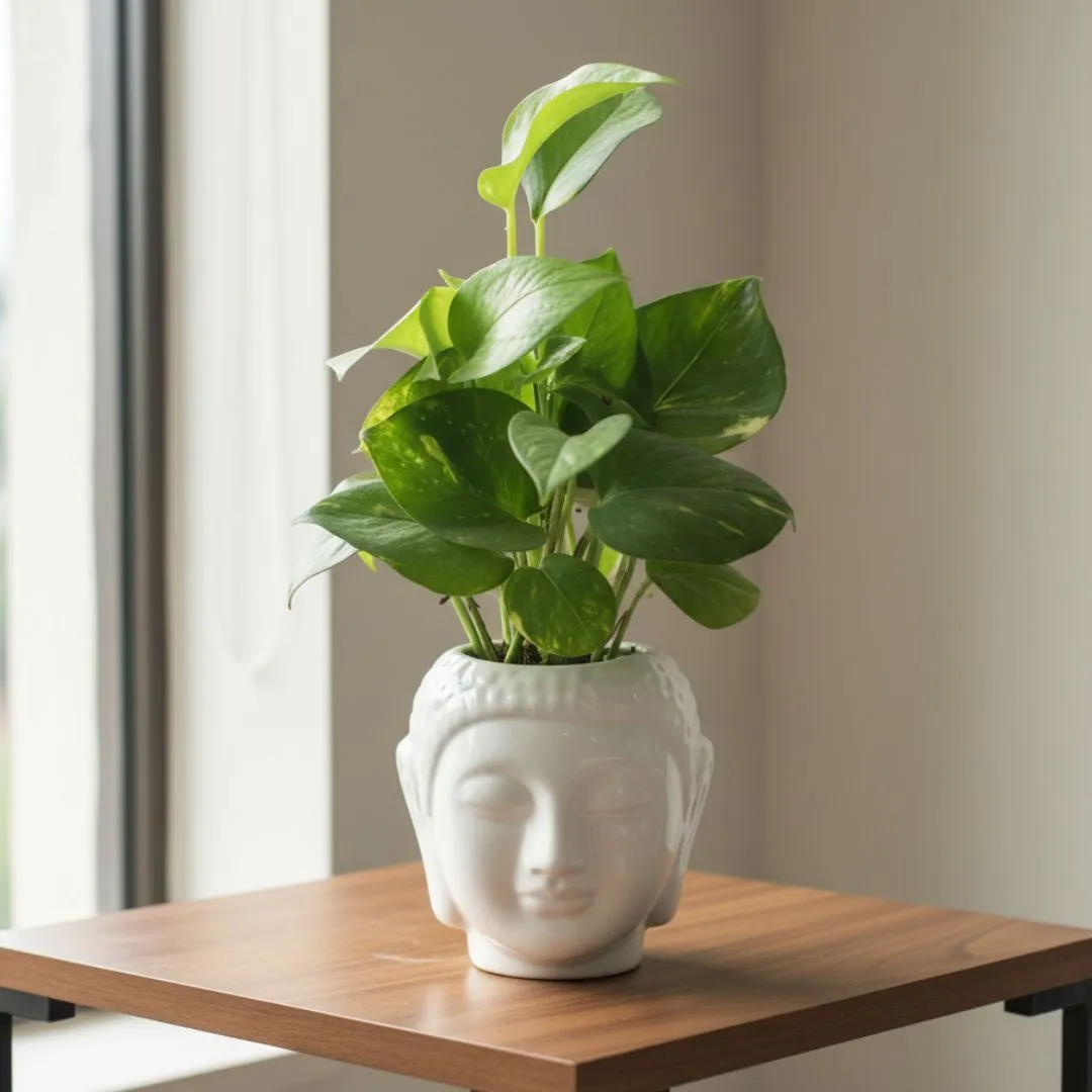 Money Plant Green in 4 Inch Classy White Buddha Designer Ceramic Pot
