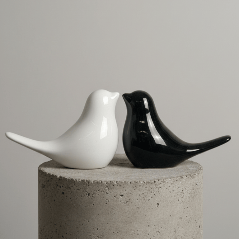 Set of 2 Black and White Twin Bird Ceramic Decor - Elegant Table Accent for Home Decor
