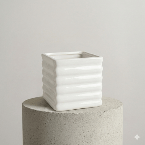 3.5 Inch White Square Line Ceramic Planter - Minimalist Indoor Planter for Home and Office Decor