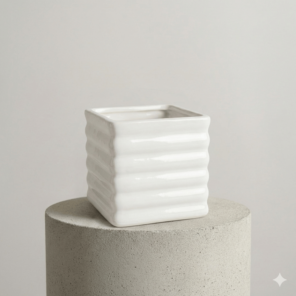 3.5 Inch White Square Line Ceramic Planter - Minimalist Indoor Planter for Home and Office Decor