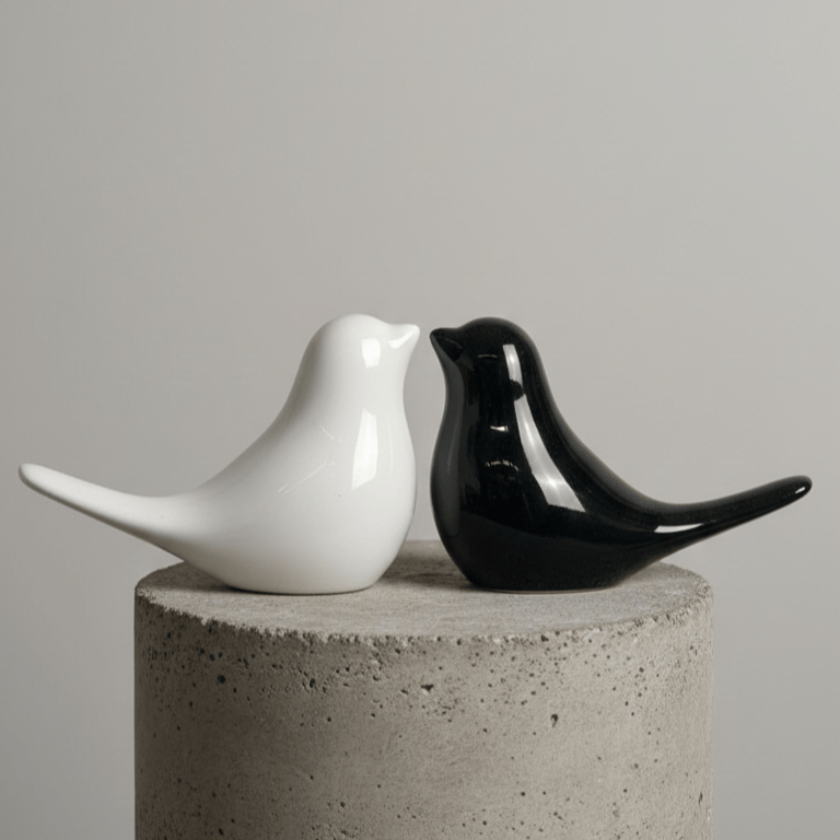 Set of 2 Black and White Twin Bird Ceramic Decor - Elegant Table Accent for Home Decor