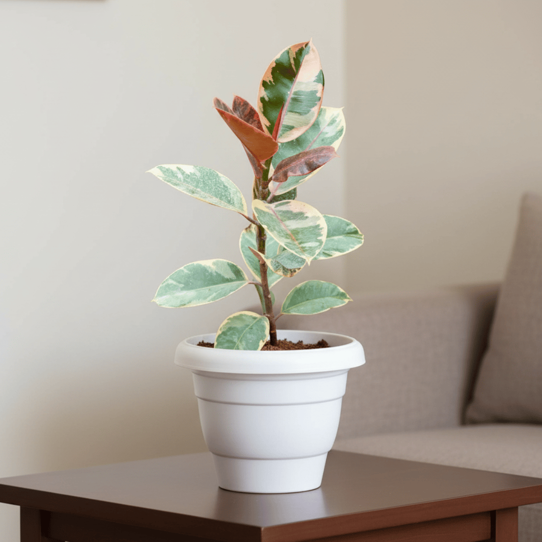 Rubber Variegated Pink in 8 Inch White Classy Plastic Pot