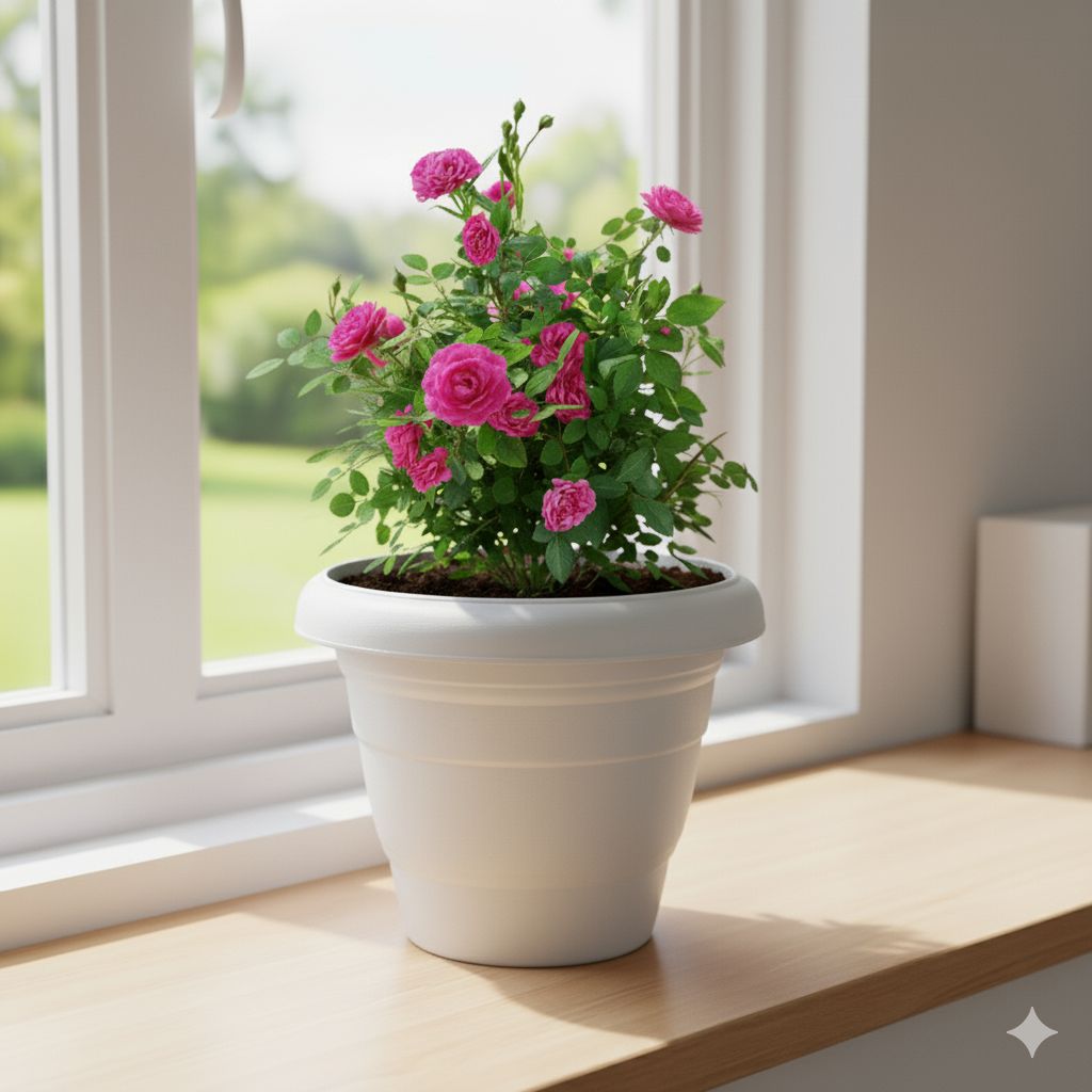 Button Rose / Gulab Pink in 8 Inch White Classy Plastic Pot