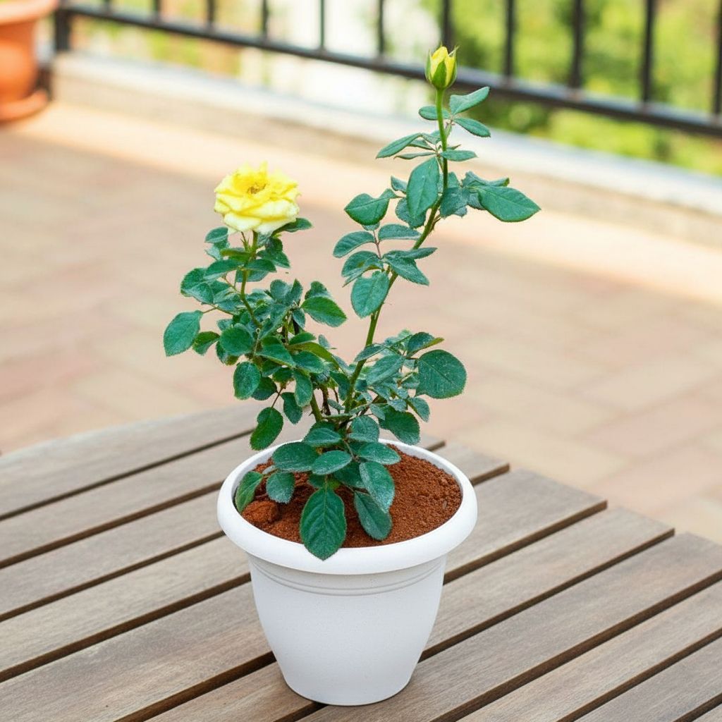 Rose / Gulab Yellow in 8 Inch White Classy Plastic Pot