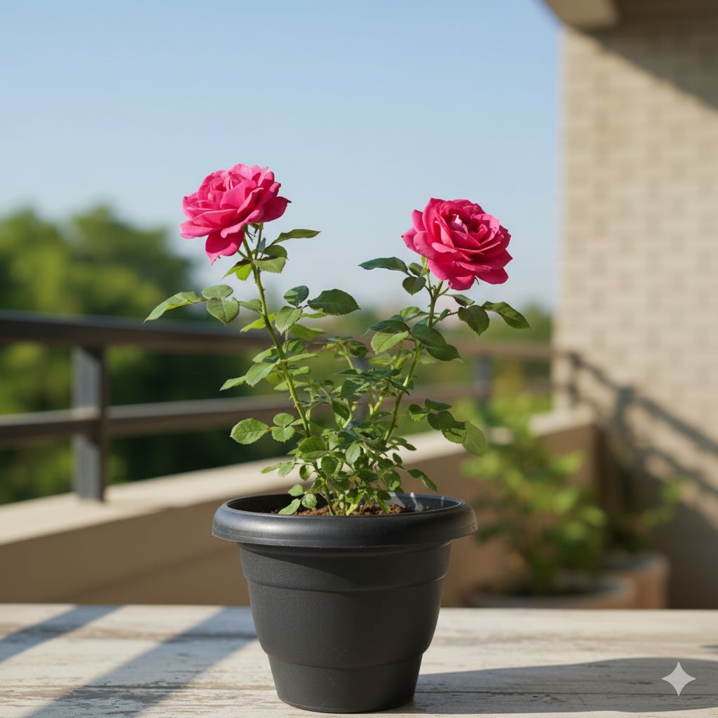 Rose / Gulab Pink in 10 Inch Black Classy Plastic Pot