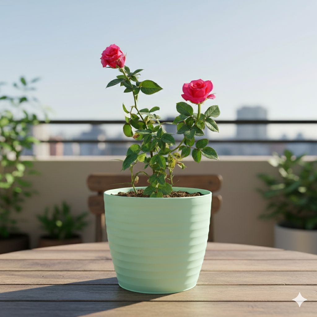 Rose / Gulab Pink in 6 Inch Pastel Green Avora Premium Plastic Planter