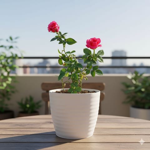 Rose / Gulab Pink in 6 Inch White Avora Premium Plastic Planter