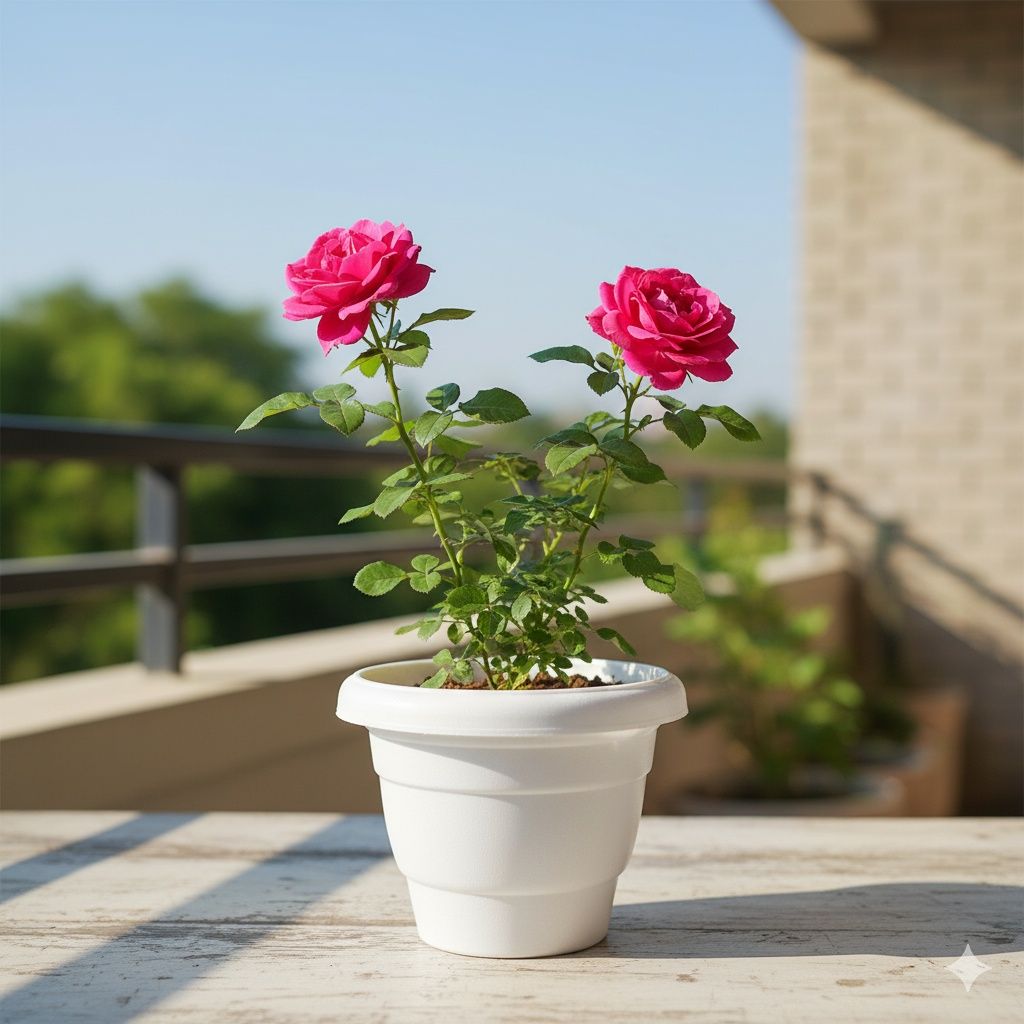 Rose / Gulab Pink in 8 Inch White Classy Plastic Pot