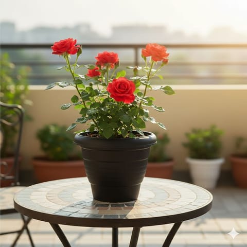Rose / Gulab Red in 10 Inch Black Classy Plastic Pot