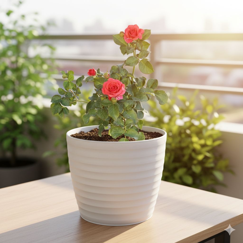 Rose / Gulab Red in 6 Inch White Avora Premium Plastic Planter