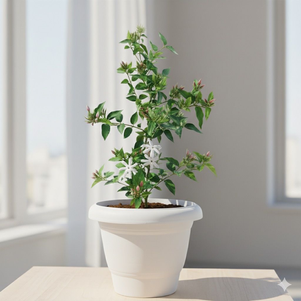Kakda Mallige / Star Jasmine in 8 Inch White Classy Plastic Pot