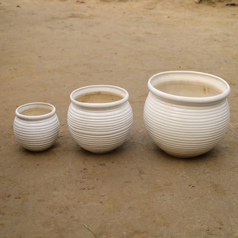 Set Of 3 - (4, 5 & 7 Inch ) White Matki Designer Ceramic Pot (Any Design)