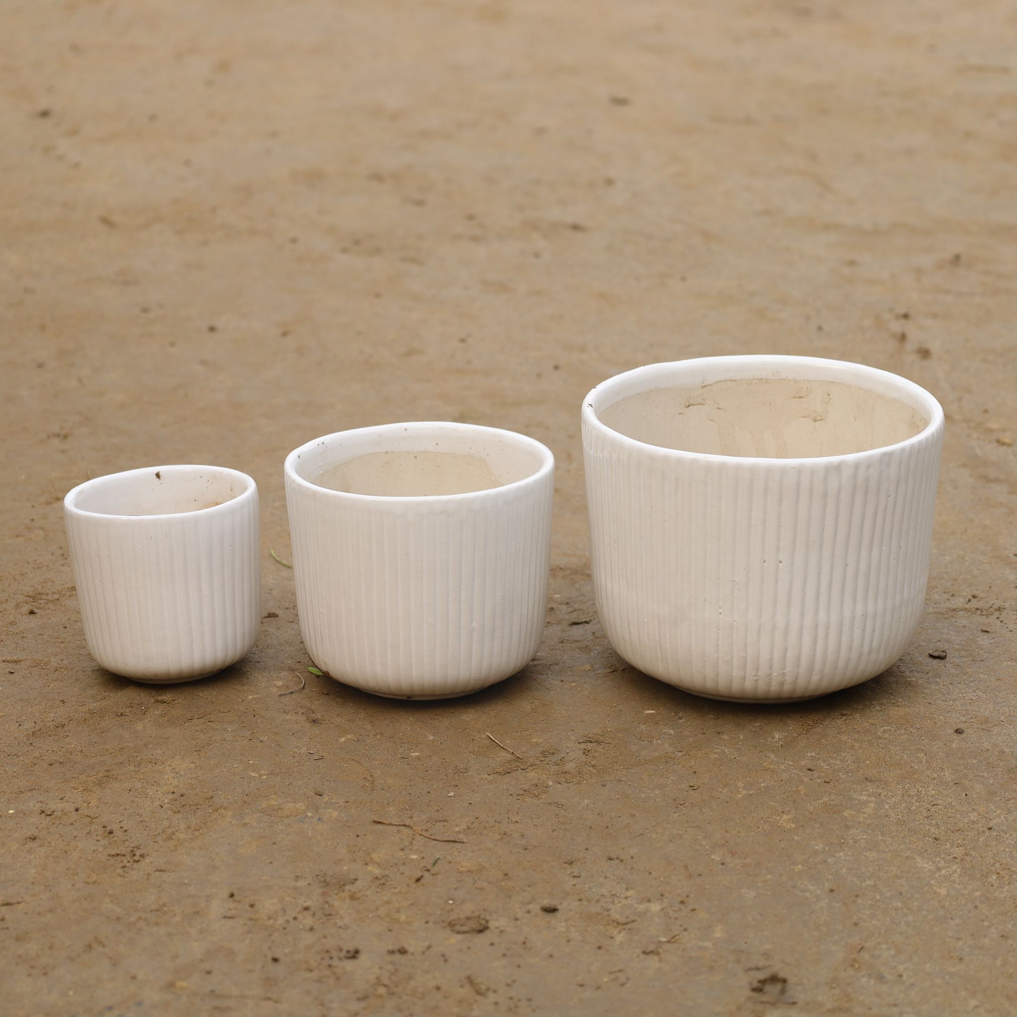 Set Of 3 -( 4 , 5 & 7 Inch) White Cylindrical Ceramic Pot (Any Design)
