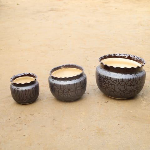 Set Of 3 - (4 , 6 & 8 Inch) Black Designer Handi Ceramic Pot (Any Design)