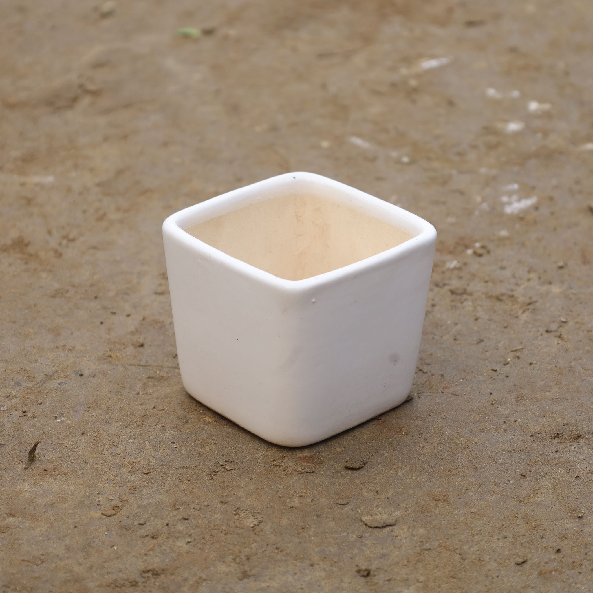 4 Inch White Classy Square Ceramic Pot