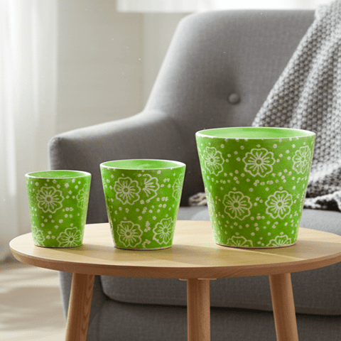 Set of 3 - (5, 6 & 7) Inch Green Floral Designer Taper Ceramic Pot