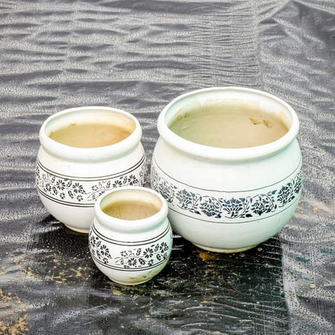 Set of 3 - 5,7 & 10 Inch Classy White Matki Designer Ceramic Pot (any design)