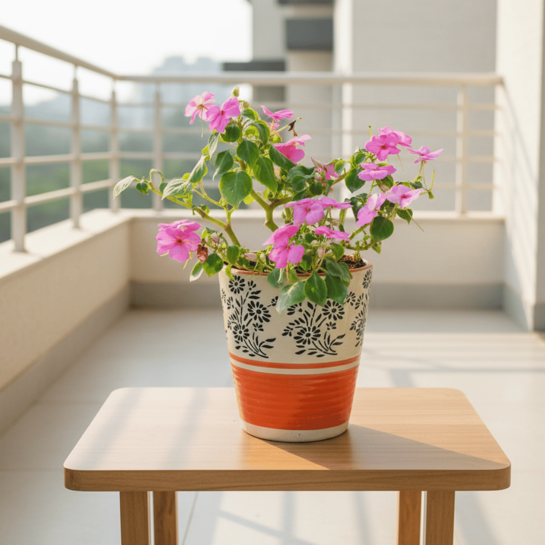 Balsam Pink in 6 Inch Vibrant Glass Designer Ceramic Pot (Any Colour & Design)