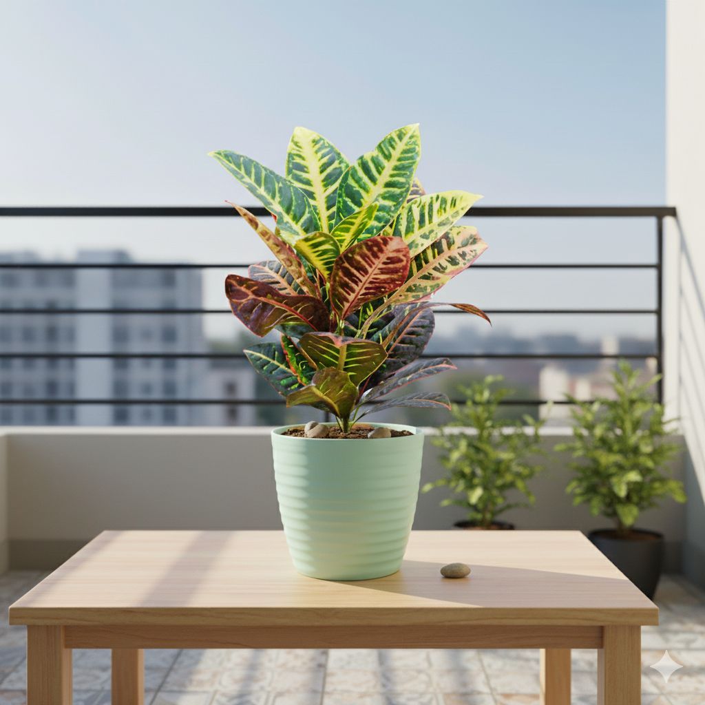 Croton Petra in 5 Inch Pastel Green Avora Premium Plastic Planter