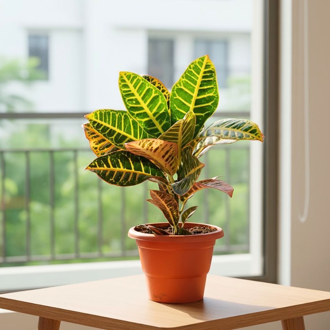 Croton Petra in 8 Inch Terracotta Red Classy Plastic Pot