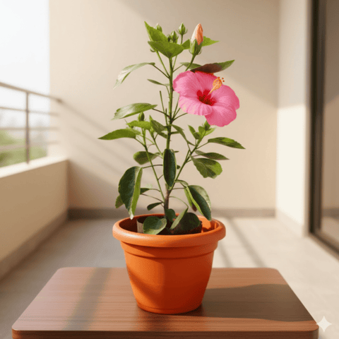 Hibiscus / Gudhal Dwarf (Any Colour) in 8 Inch Terracotta Red Classy Plastic Pot