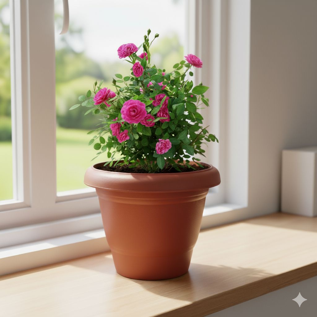 Button Rose / Gulab Pink in 8 Inch Terracotta Red Classy Plastic Pot