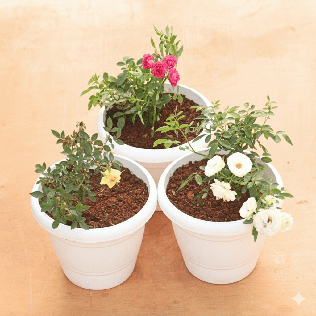 Set of 3 - Button Rose / Gulab (White, Pink & Yellow) in 8 Inch White Classy Plastic Pot