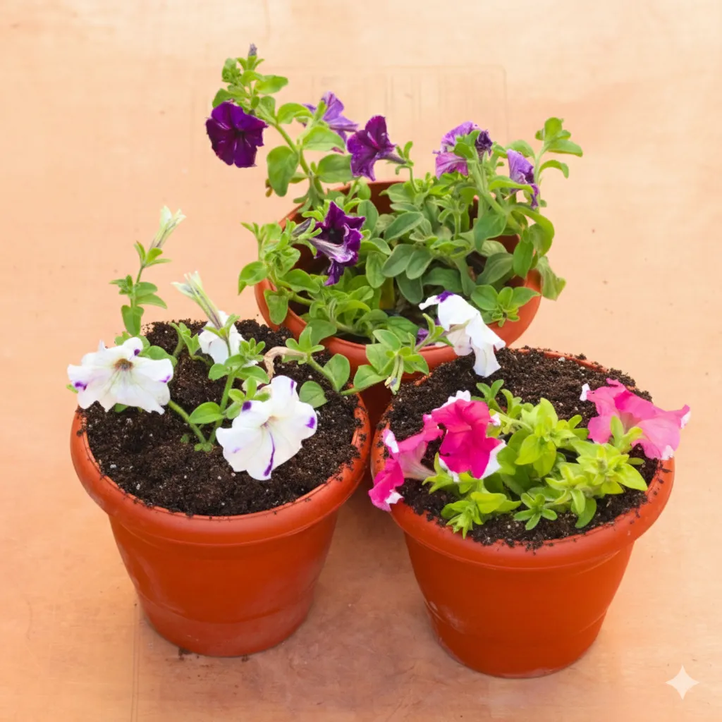 Set of 3 - Petunia (Any Colour) in 8 Inch Terracotta Red Classy Plastic Pot