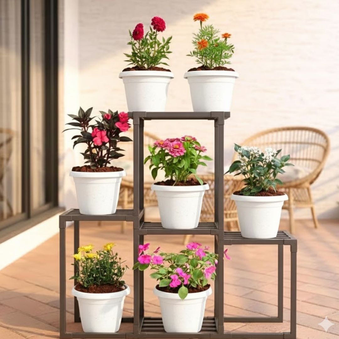 Set of 7 - Dahlia, Marigold Jafri, Balsam, Chrysanthemum, Pentas & Zinnia (any colour) in 8 Inch Terracotta Red Classy Plastic Pot