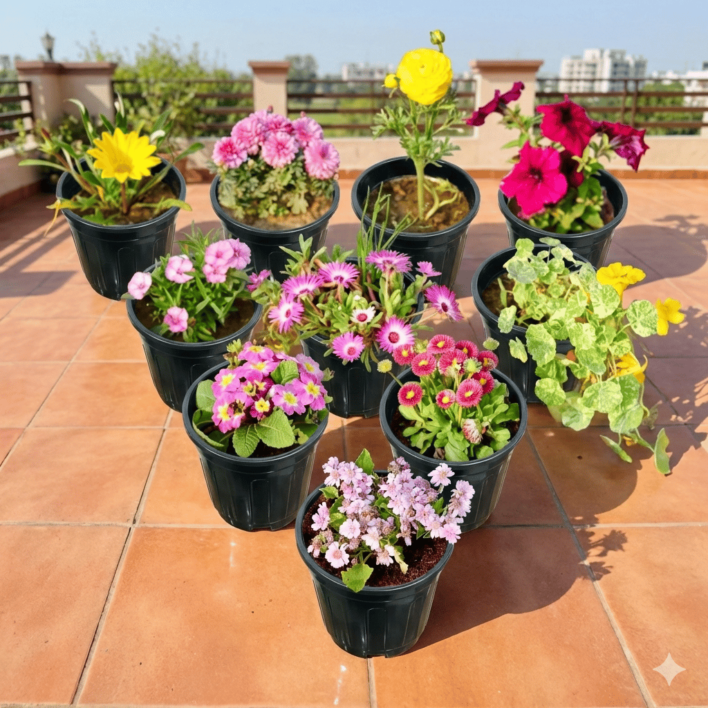 Colours of Spring - Set of any 6 - Full Bloom Potted Seasonals in 6 Inch Black Super Nursery Pot