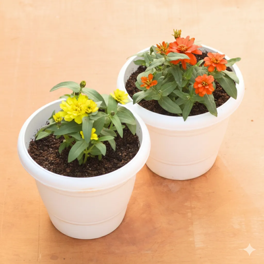 Set of 2 - Zinnia (Orange & Yellow) in 8 Inch White Classy Plastic Pot