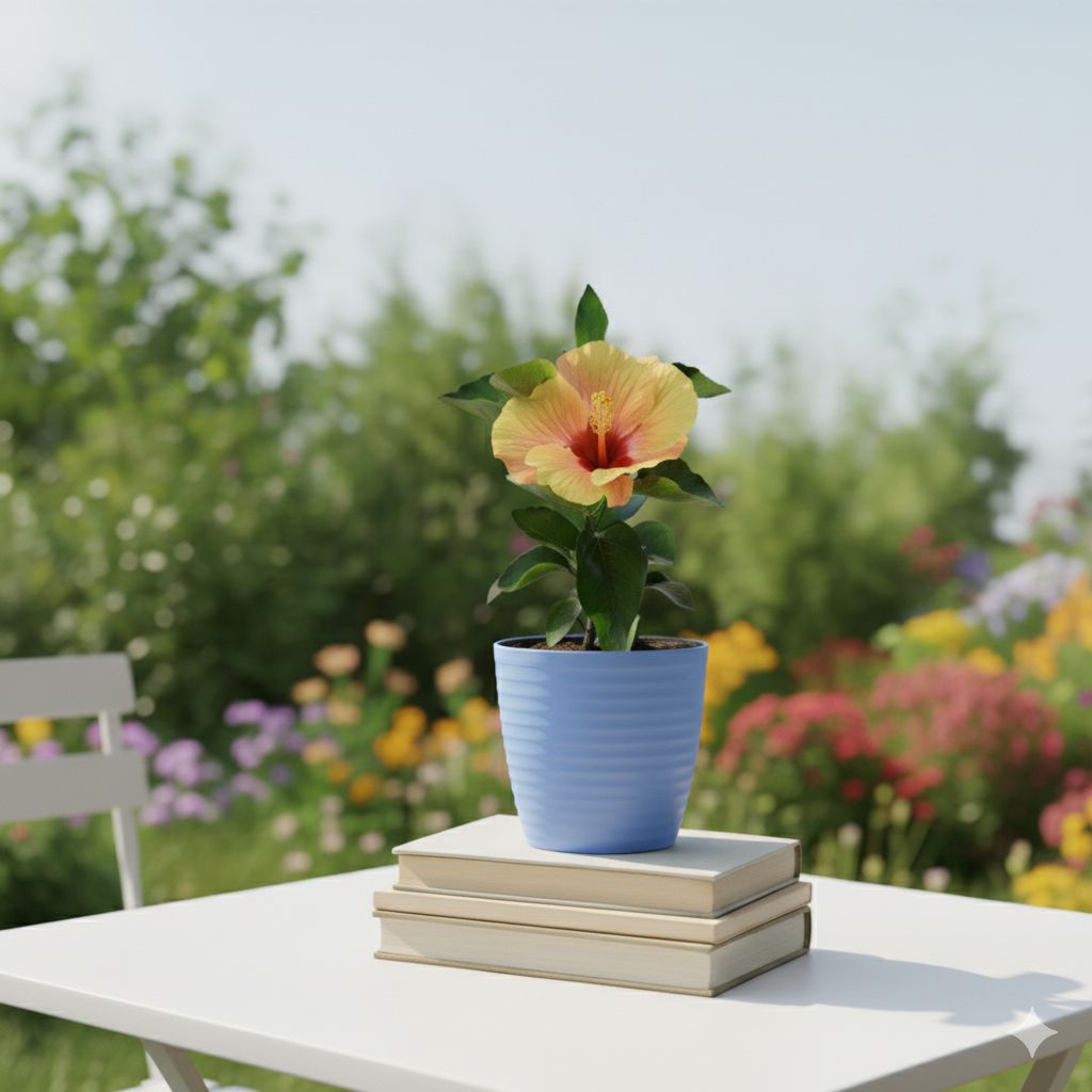 Gift Ready - Hibiscus / Gudhal Dwarf (Any Colour) in 5 Inch Elvan Blue Avora Premium Plastic Planter