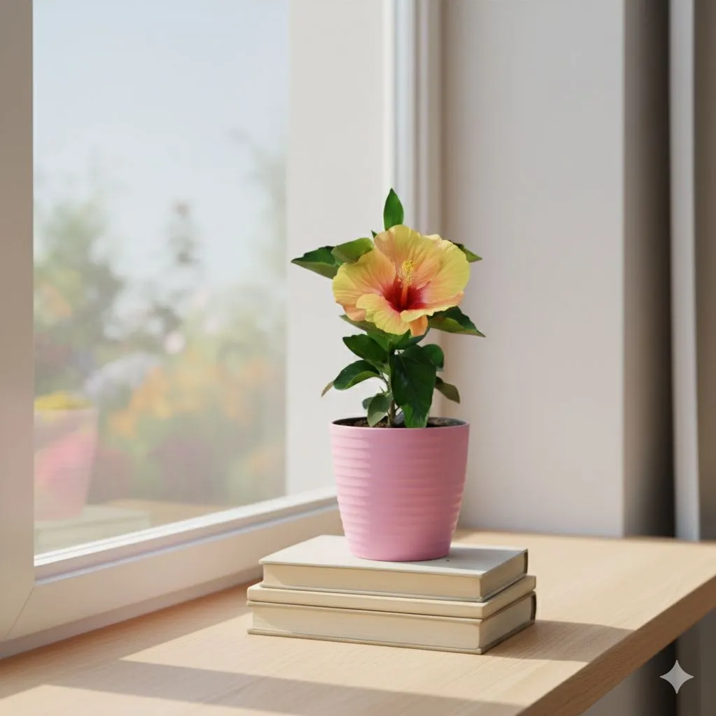 Gift Ready - Hibiscus / Gudhal Dwarf (Any Colour) in 5 Inch Candy-Blush Pink Avora Premium Plastic Planter