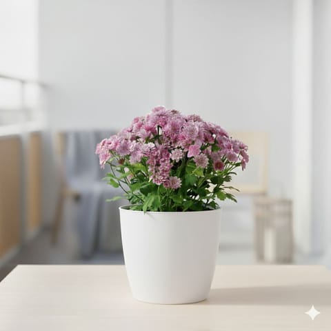 Gift Ready - Chrysanthemum / Shevanti / Guldawari (Any Colour) in 4 Inch White Classy Cup Ceramic Pot With a Chic Bag