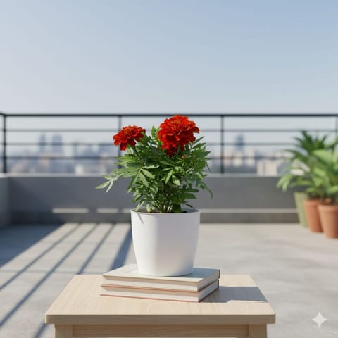 Gift Ready - Marigold / Genda Jafri (Any Colour) in 4 Inch Live Plant White Classy Cup Ceramic Pot